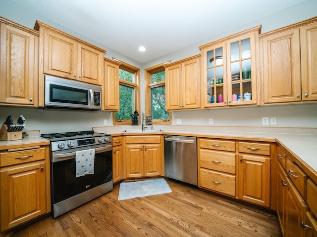 kitchen with stainless steel appliances, sink, and light wood-type flooring