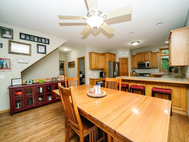 dining room with light hardwood / wood-style floors and ceiling fan