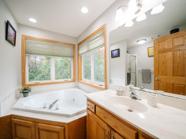 bathroom featuring vanity and separate shower and tub