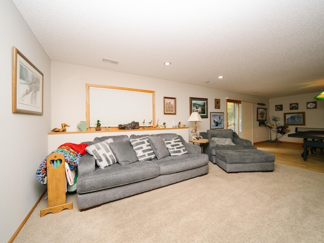 living room featuring a textured ceiling and carpet flooring