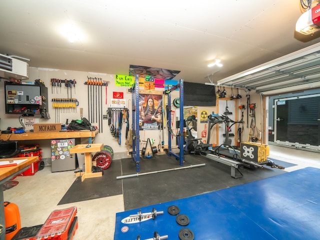 garage with a workshop area