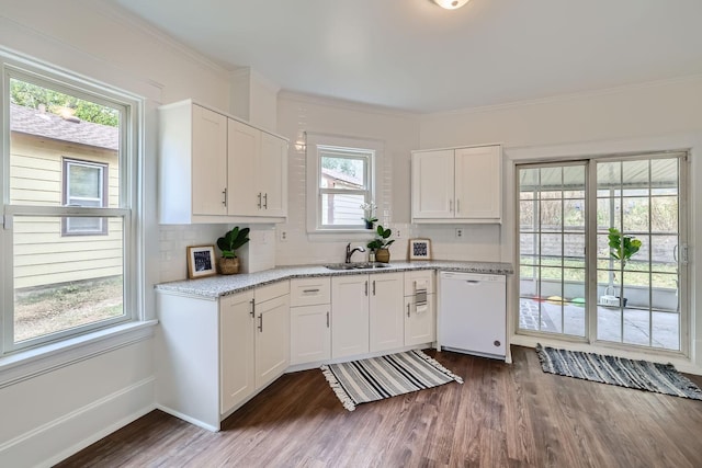 kitchen featuring white dishwasher, a healthy amount of sunlight, and white cabinetry