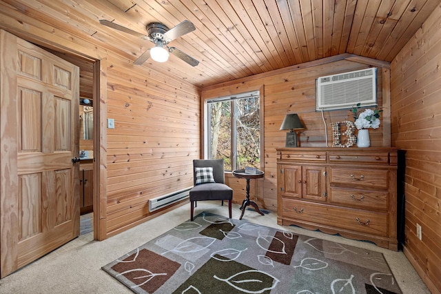 sitting room with wood walls, ceiling fan, carpet, wood ceiling, and an AC wall unit