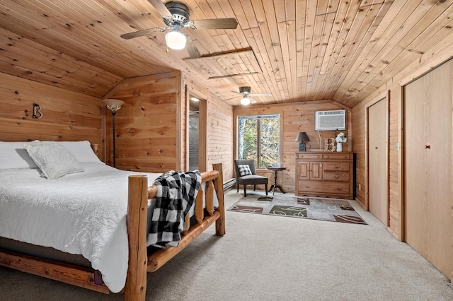 carpeted bedroom featuring ceiling fan, wooden walls, wood ceiling, and vaulted ceiling