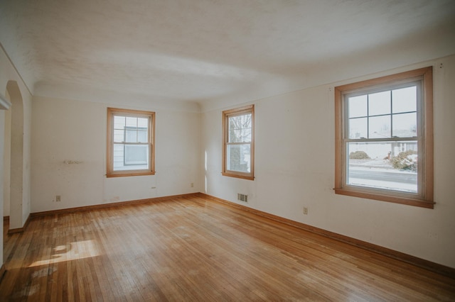 spare room with a wealth of natural light and light hardwood / wood-style floors