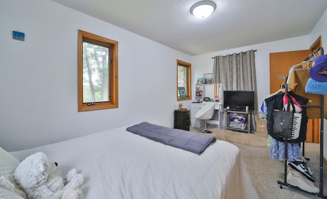 carpeted bedroom with a textured ceiling