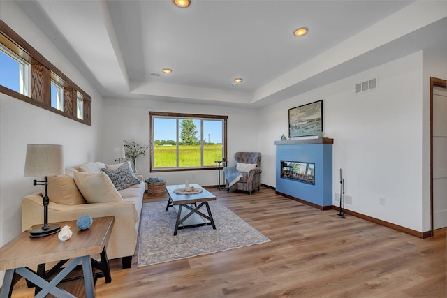 living room with light wood-type flooring and a tray ceiling