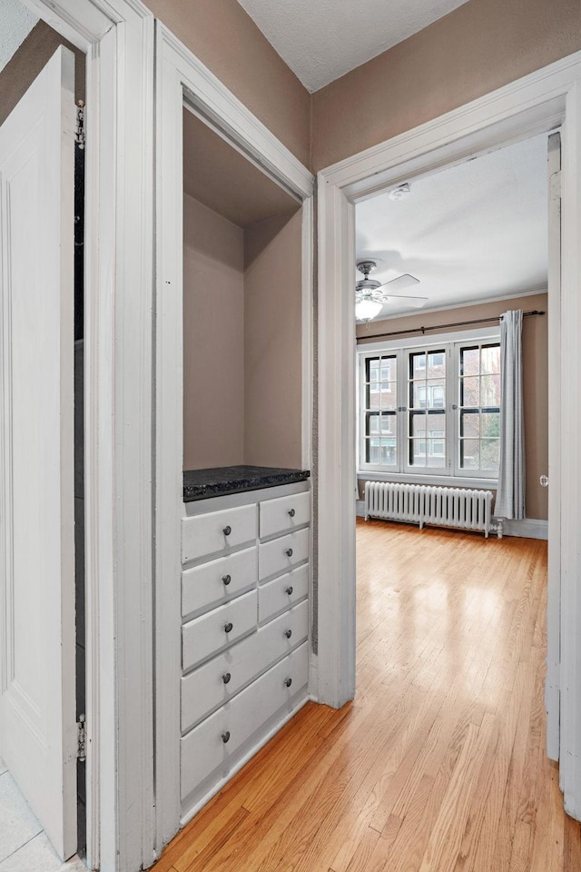 hall with light hardwood / wood-style floors and radiator