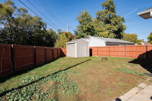 view of yard featuring a storage shed