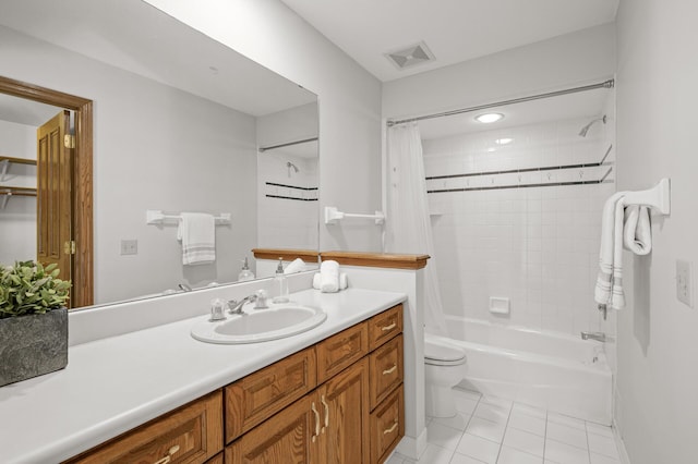 full bathroom with vanity, toilet, tile patterned floors, and shower / bathtub combination with curtain