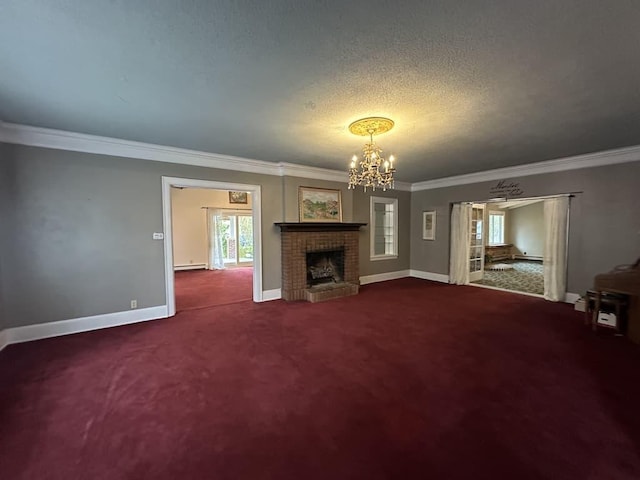 unfurnished living room with carpet floors, crown molding, a notable chandelier, a fireplace, and a textured ceiling