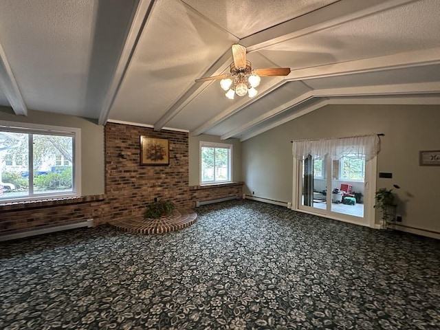 bonus room with ceiling fan, vaulted ceiling with beams, brick wall, a textured ceiling, and carpet