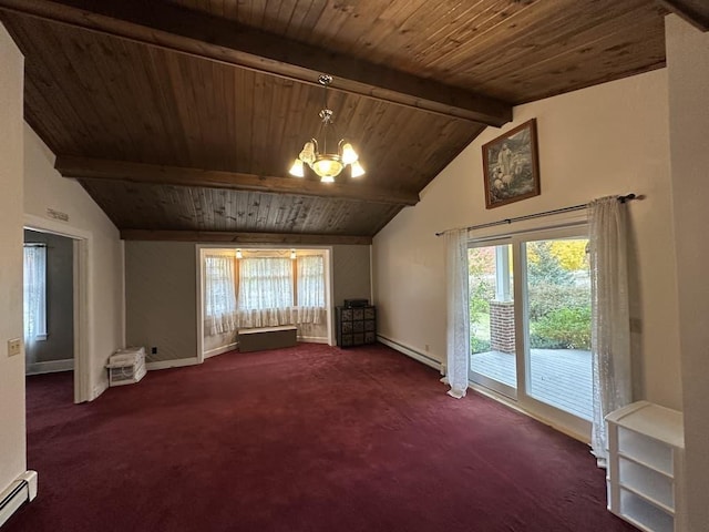 interior space with a baseboard heating unit, lofted ceiling with beams, dark colored carpet, wooden ceiling, and a notable chandelier