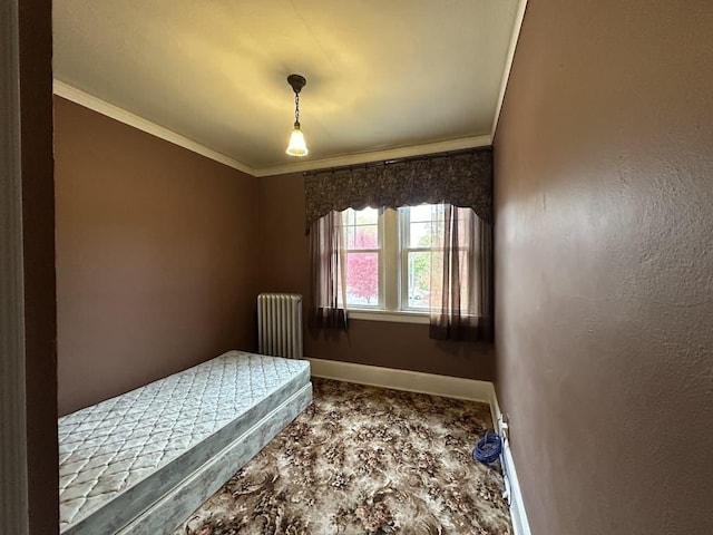 bedroom featuring radiator and crown molding