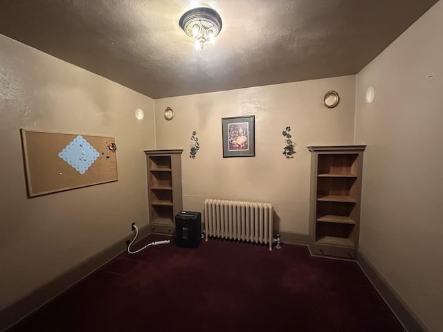 interior space featuring dark carpet and radiator