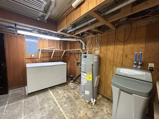 utility room with electric panel and water heater