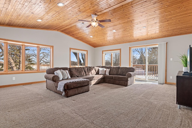 living room with lofted ceiling, wood ceiling, carpet floors, and plenty of natural light