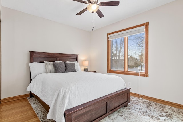 bedroom featuring ceiling fan and light wood-type flooring