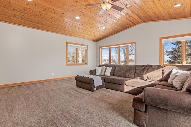 living room with vaulted ceiling, wooden ceiling, ceiling fan, and carpet