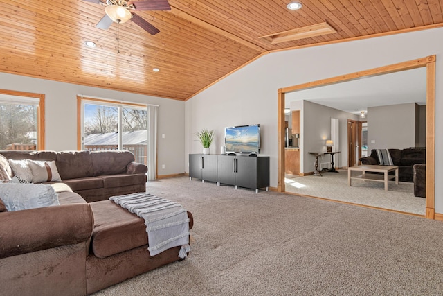 living room featuring lofted ceiling, light carpet, wooden ceiling, and ceiling fan