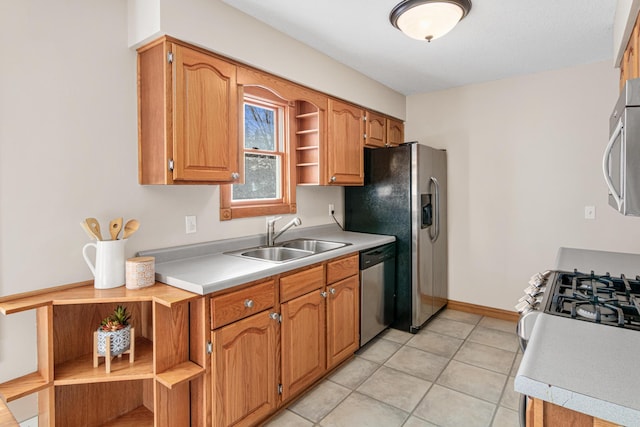 kitchen with stainless steel appliances, sink, and light tile patterned floors