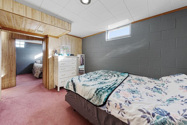 3234 14th Ave, Owatonna, MN 55060 - bedroom featuring carpet floors, concrete block wall, and wood walls