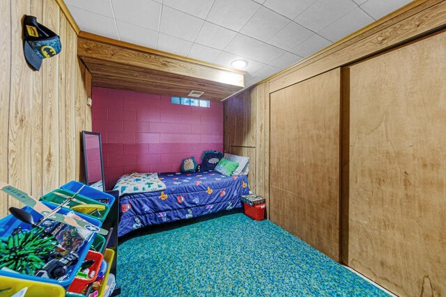 3234 14th Ave, Owatonna, MN 55060 - bedroom featuring wood walls, carpet flooring, and concrete block wall