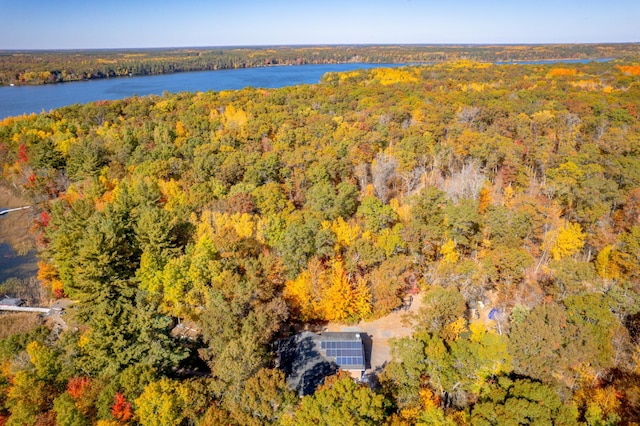 aerial view featuring a water view and a view of trees