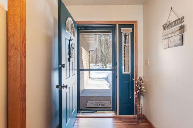 entryway featuring baseboards and wood finished floors