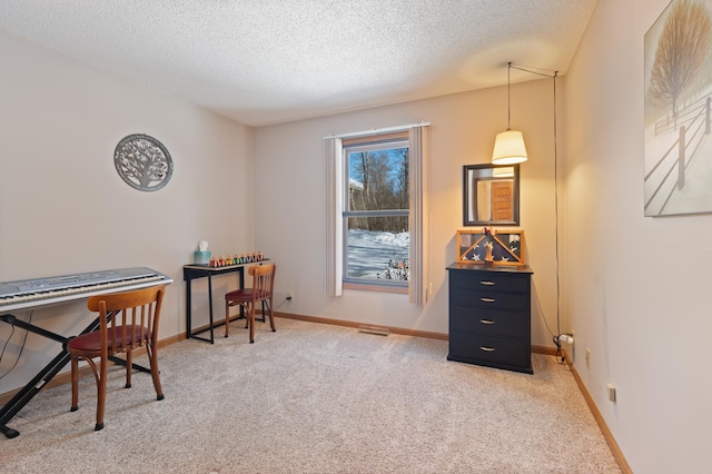 office space with baseboards, a textured ceiling, and light colored carpet