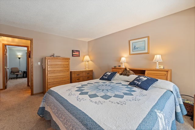 bedroom with a textured ceiling, baseboards, and light colored carpet