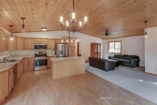 kitchen featuring appliances with stainless steel finishes, decorative light fixtures, light brown cabinets, sink, and wooden ceiling