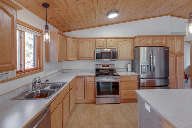 kitchen featuring wooden ceiling, sink, appliances with stainless steel finishes, hanging light fixtures, and vaulted ceiling