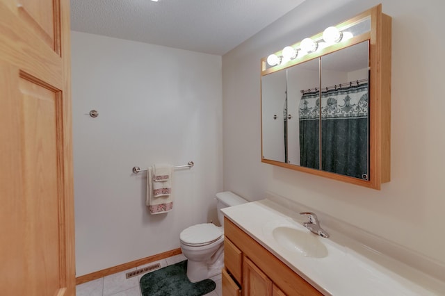 bathroom with walk in shower, a textured ceiling, vanity, tile patterned floors, and toilet