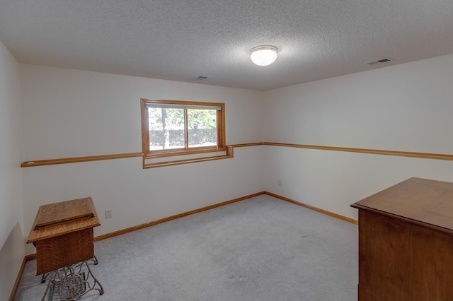 spare room featuring a textured ceiling and light colored carpet