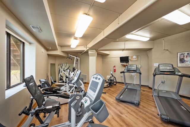 exercise room with light hardwood / wood-style flooring