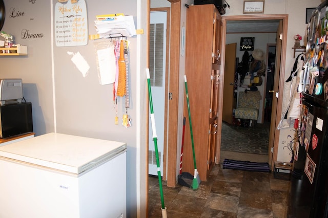 kitchen with white fridge