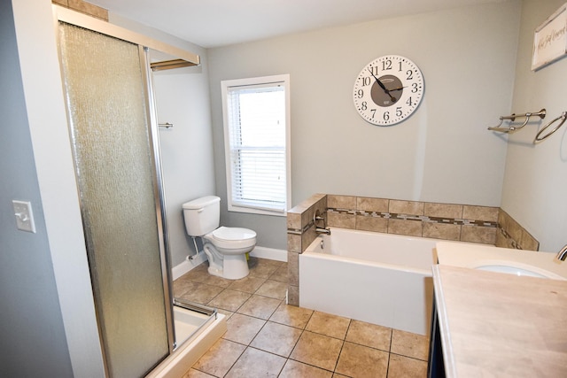 full bathroom with separate shower and tub, tile patterned flooring, vanity, and toilet