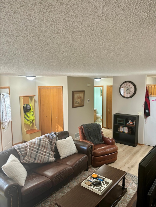 living room featuring wood-type flooring and a textured ceiling