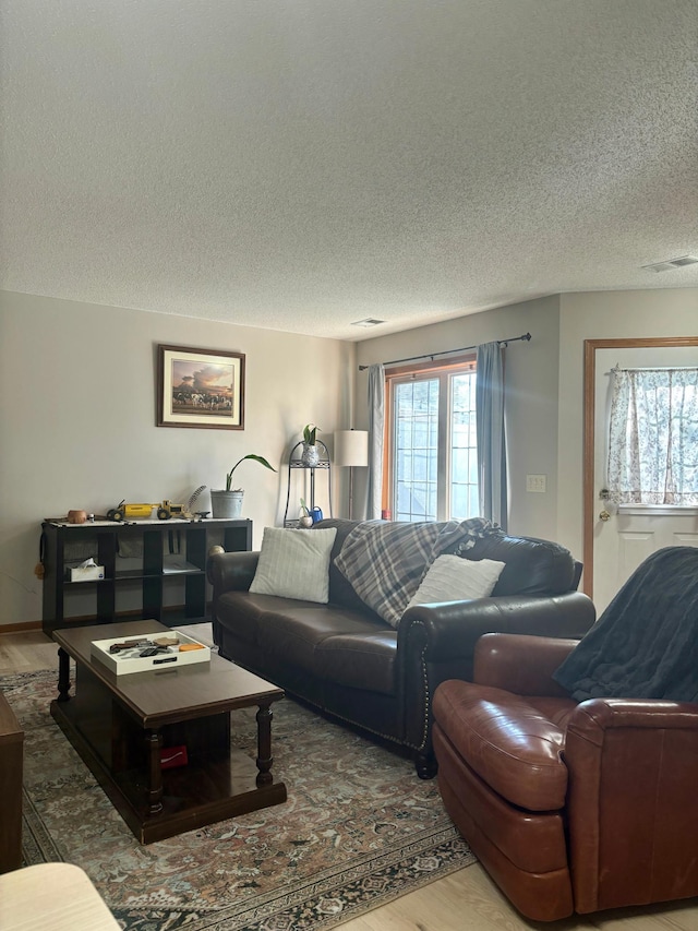 living room with a textured ceiling and hardwood / wood-style flooring