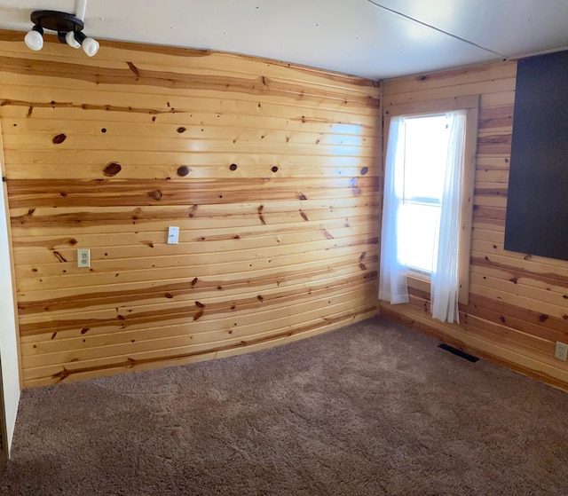 carpeted empty room featuring wooden walls