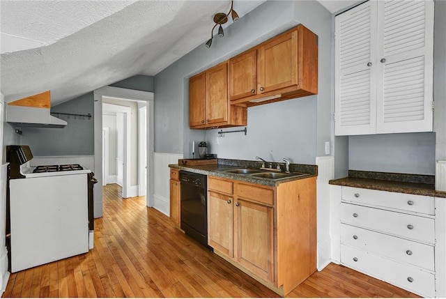 kitchen featuring lofted ceiling, a textured ceiling, dishwasher, white electric stove, and sink