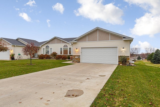 ranch-style house featuring a garage and a front yard