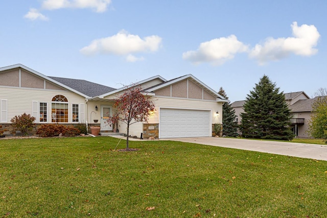 ranch-style house with a garage and a front yard