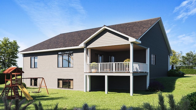 back of property featuring a yard and a playground