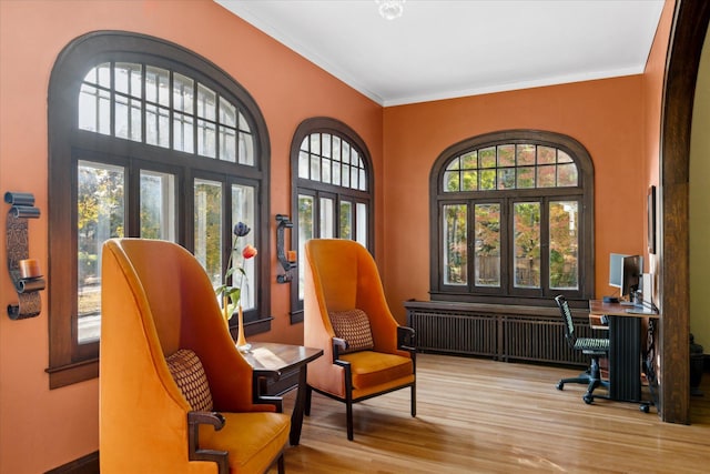 living area featuring radiator, ornamental molding, and light hardwood / wood-style flooring