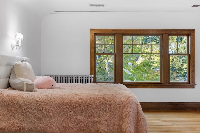 bedroom with light hardwood / wood-style floors, multiple windows, and radiator