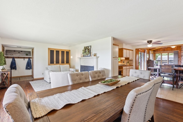 141 Lakeshore Dr, Big Lake, MN 55309 - dining room with a fireplace, a textured ceiling, a ceiling fan, dark wood finished floors, and baseboards