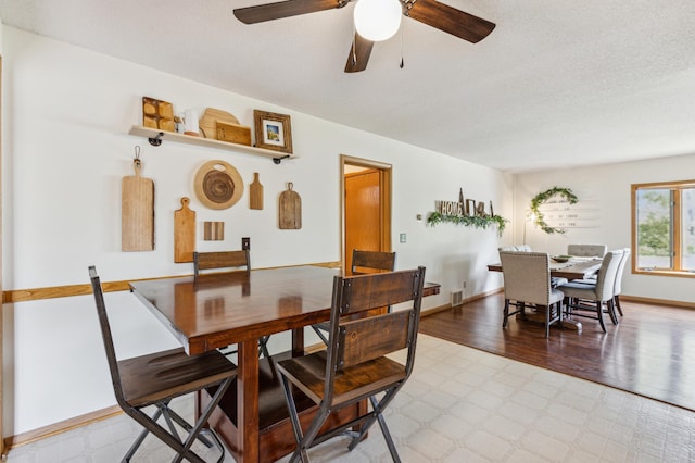 141 Lakeshore Dr, Big Lake, MN 55309 - dining area featuring a ceiling fan, a textured ceiling, light wood-type flooring, and baseboards