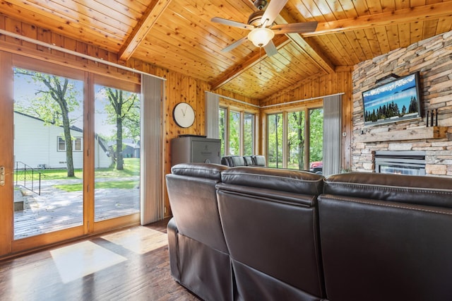 141 Lakeshore Dr, Big Lake, MN 55309 - living room with ceiling fan, hardwood / wood-style flooring, a fireplace, wooden walls, and wood ceiling